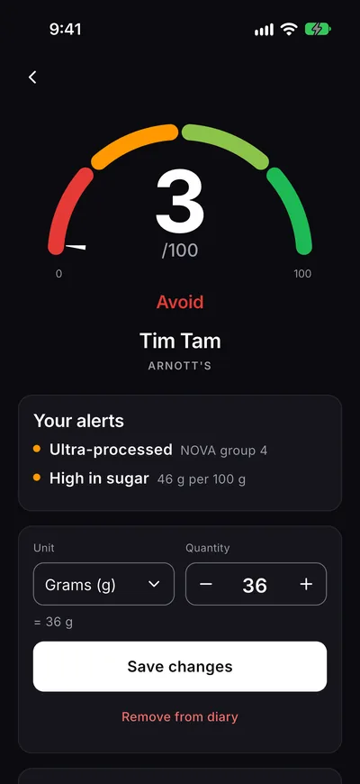 Alerts on a Tim Tam: ultra-processed, NOVA group 4, and high in sugar, 46 g per 100 g.