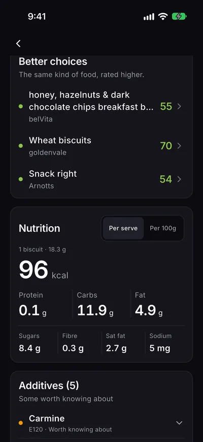 Better choices for the Tim Tam: three biscuits scoring 55, 70 and 54, above its nutrition panel.