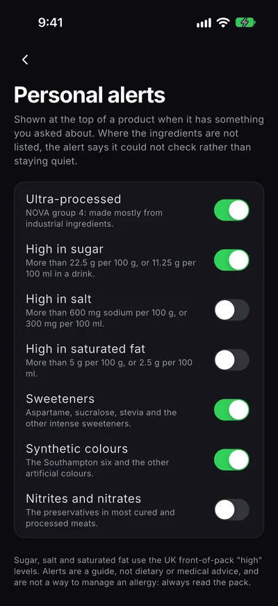 Personal alert switches: ultra-processed, high sugar, high salt, high saturated fat, sweeteners, synthetic colours, nitrites and nitrates.