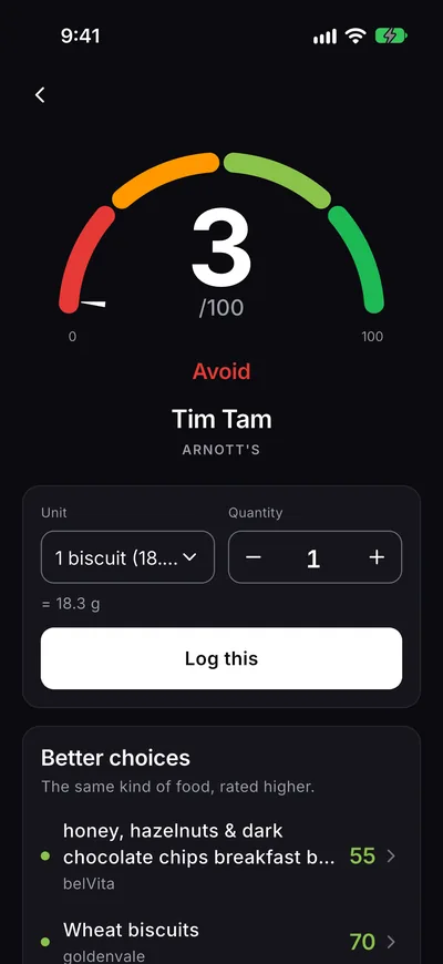 A Tim Tam scored 3 out of 100 and rated Avoid, with its serving size and a Log this button.