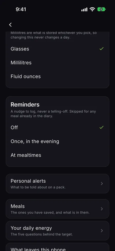 Reminder settings: Off, Once in the evening, or At mealtimes. Off is selected.